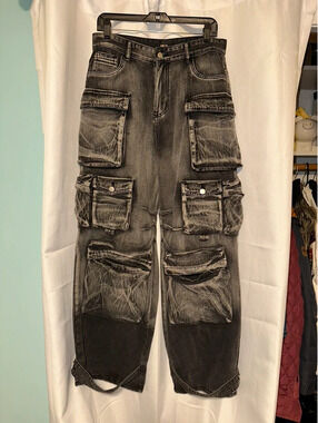Ombre Multi Pocket Wide Leg  Baggy Streetwear Cargo Jeans XL